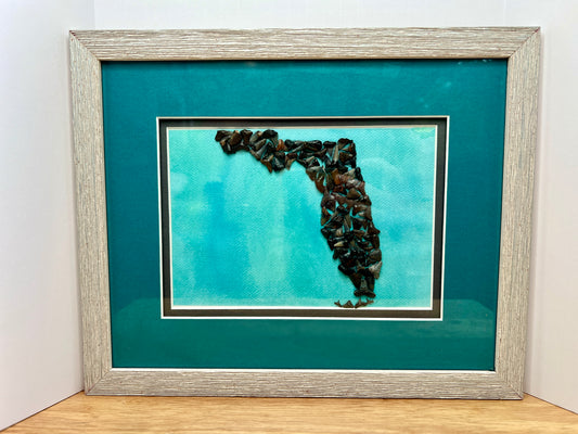 Fossilized Florida: Handcrafted Shark Teeth Artwork in Custom Driftwood Frame - Unique Beach-Inspired Home Decor